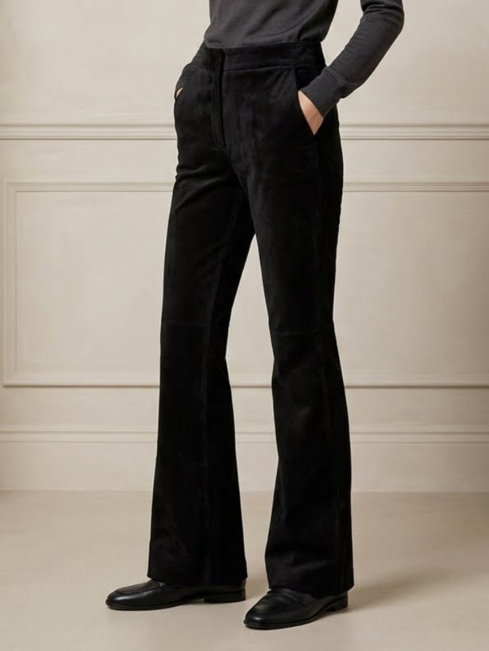 ZARA Black Velvet Faux Suede High Waisted Flare Trousers Large